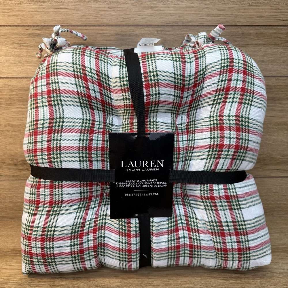 Ralph Lauren Tartan Plaid White Green Red Christmas Chair Pads/Cushions 2 Piece